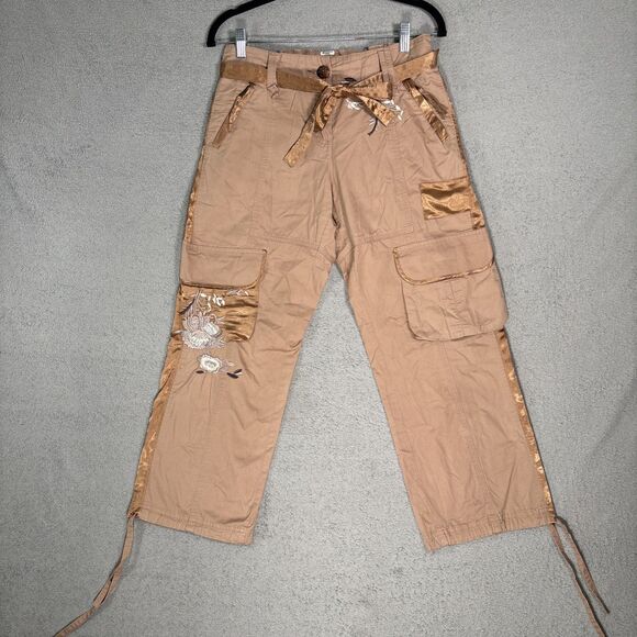 Cache Pants - Cache Women’s Cropped Cargo Pants Size S Tan Brown Floral Boho Y2K Rave Fairy